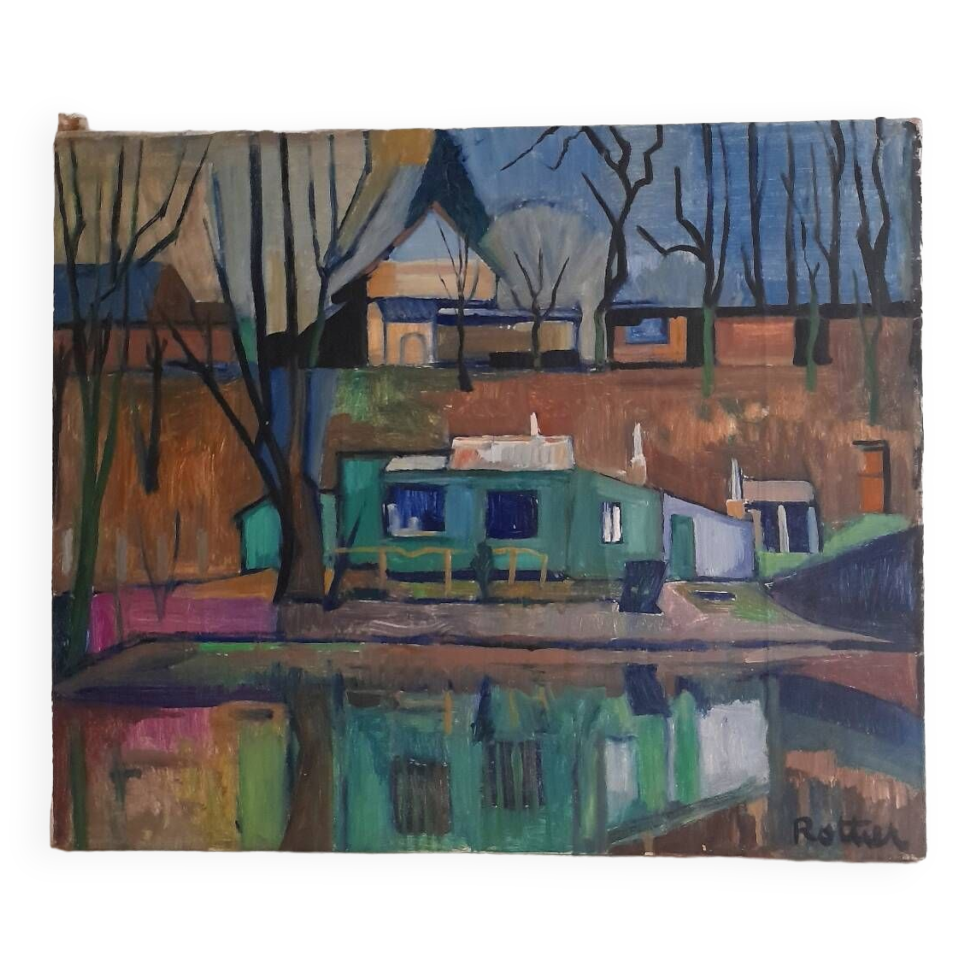 Urban landscape oil painting on canvas signed Rottier