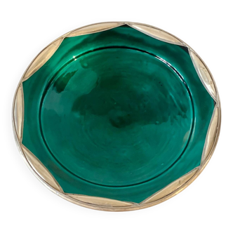 Large handmade green glazed ceramic dish – Silver border – Artis