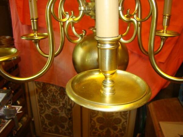 Lustre hollandais en bronze massif à 6 bras de lumière, époque début 20ème