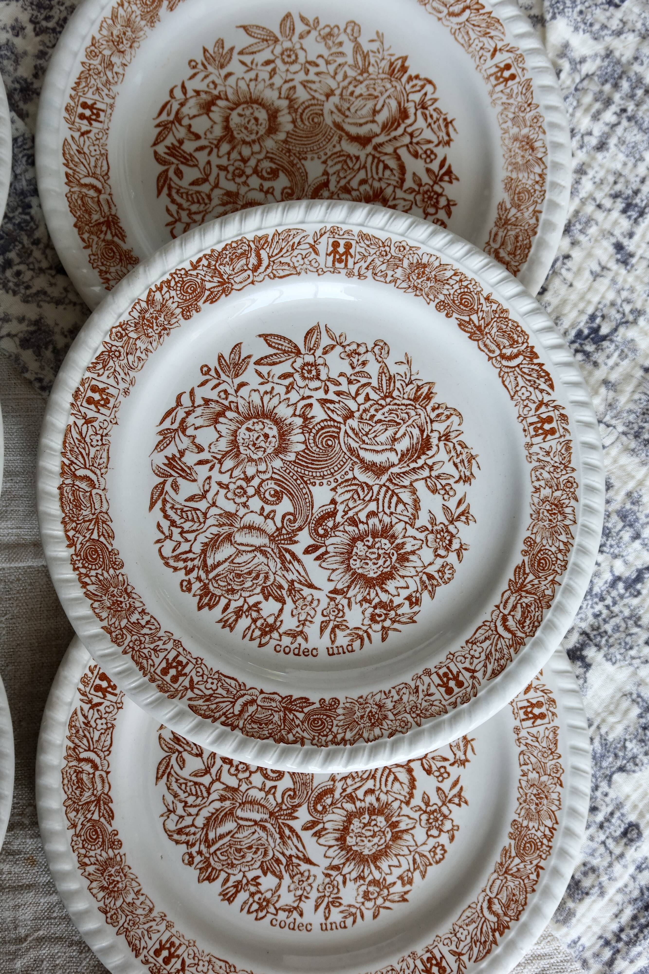 6 assiettes à dessert vintage fleuries – Codec – Décor brun rustique