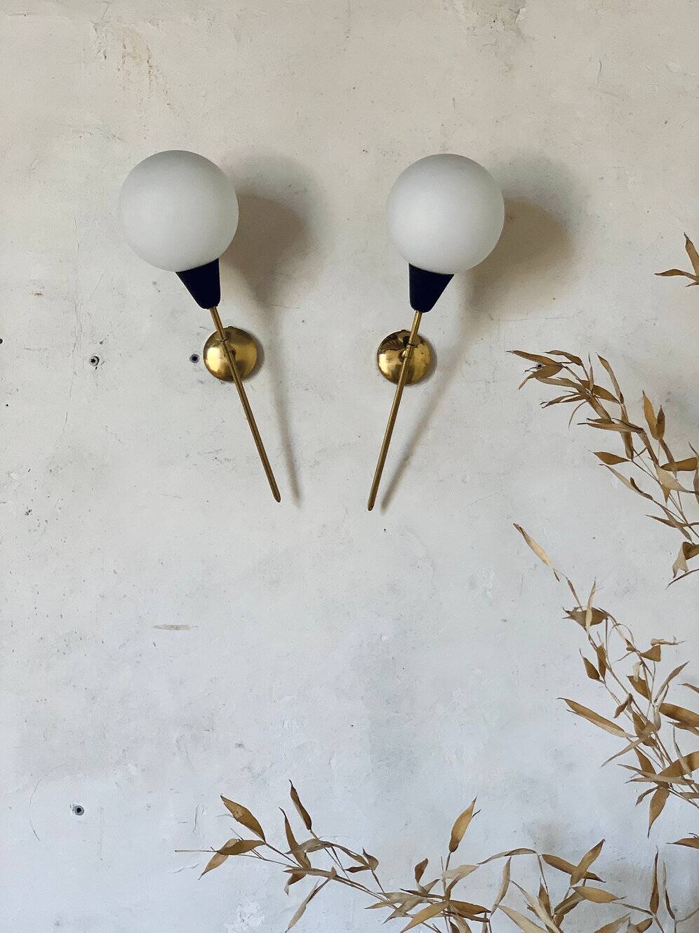 Pair of vintage brass and opaline wall sconces