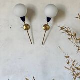 Pair of vintage brass and opaline wall sconces