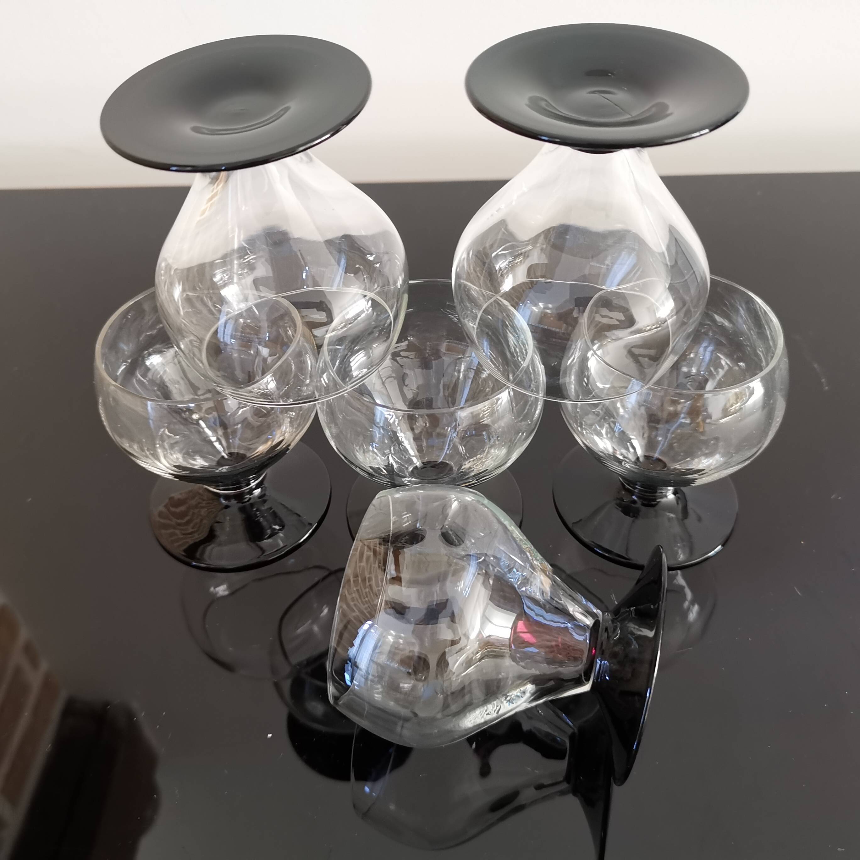 6 small retro smoked burgundy stemmed glasses