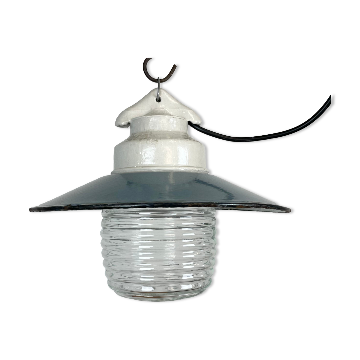 Industrial porcelain blue enamel pendant light with ribbed clear glass, 1970s