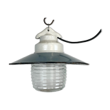 Industrial porcelain blue enamel pendant light with ribbed clear glass, 1970s