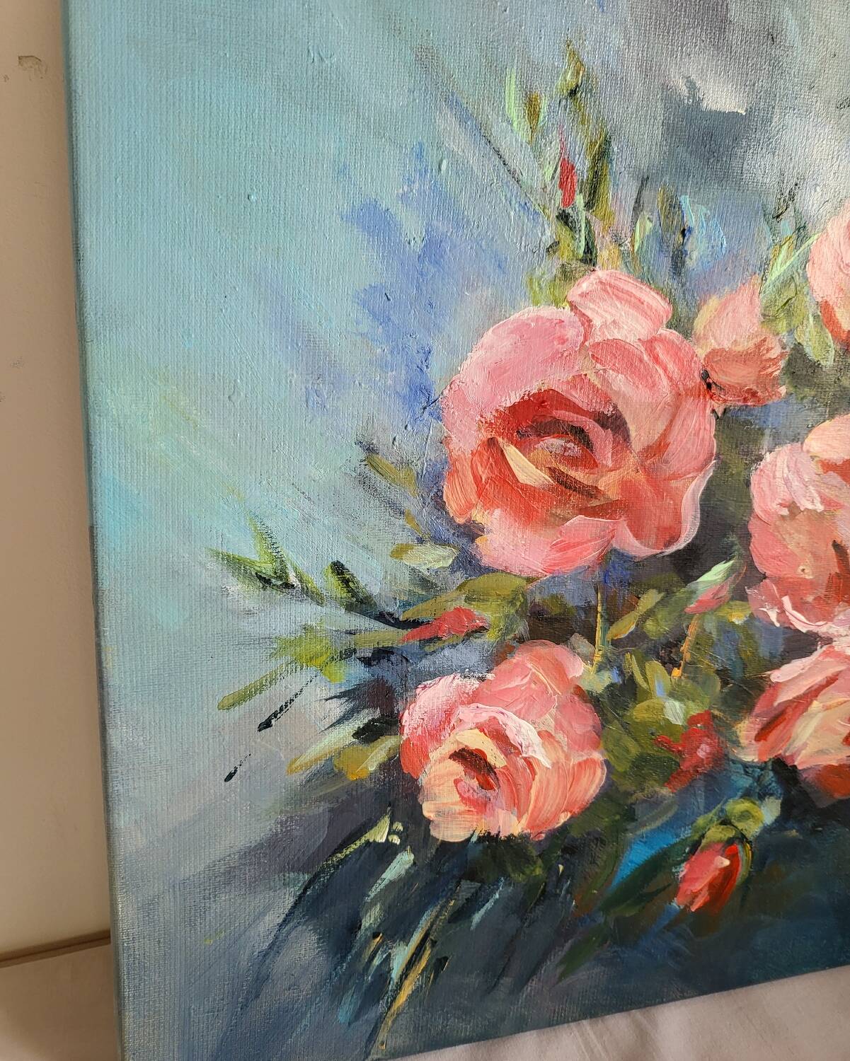 Oil on canvas painting of a bouquet of roses signed Paumier.