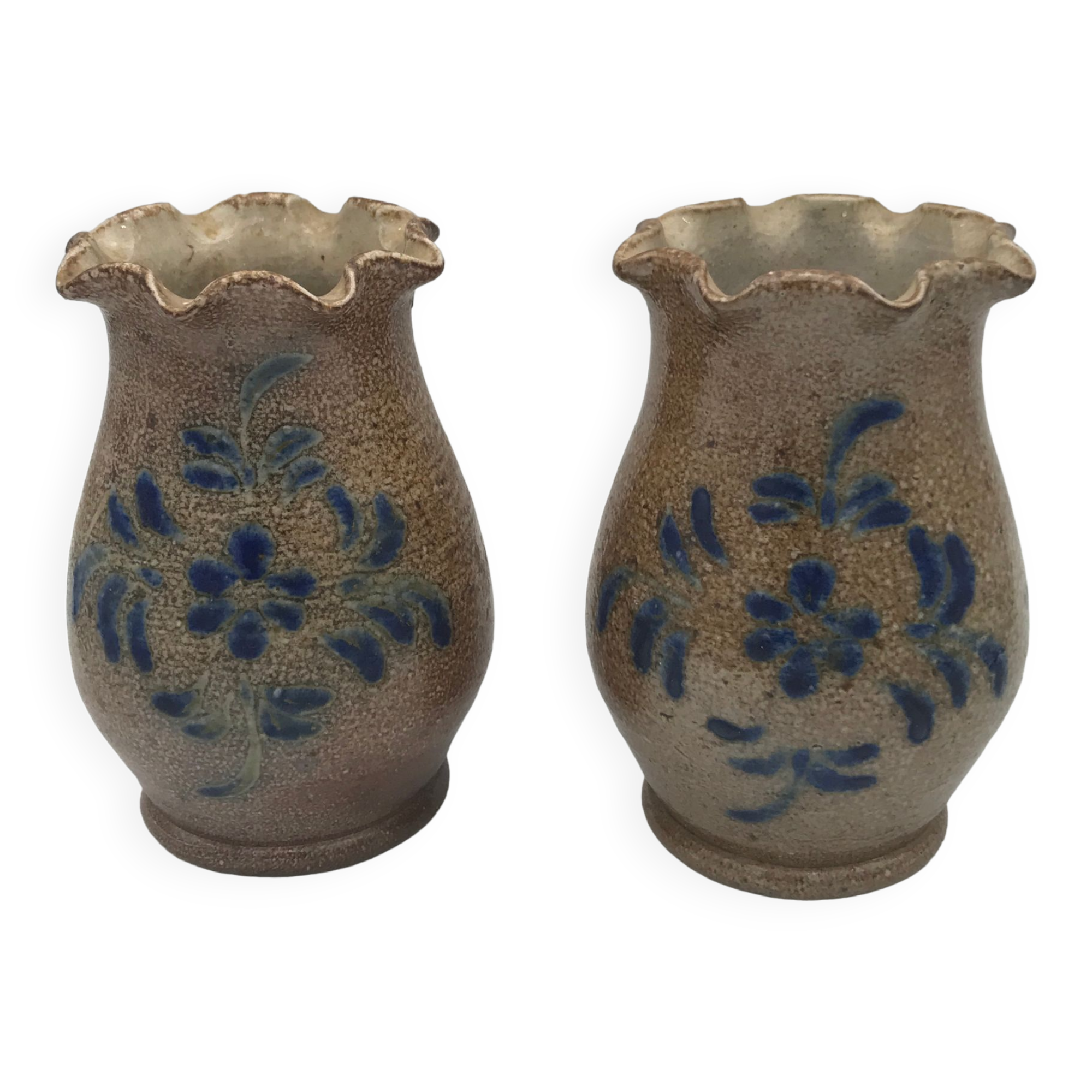 Pair of vintage pottery vases with floral decoration and glaçureau sel