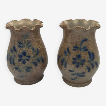 Pair of vintage pottery vases with floral decoration and glaçureau sel