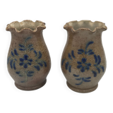 Pair of vintage pottery vases with floral decoration and glaçureau sel