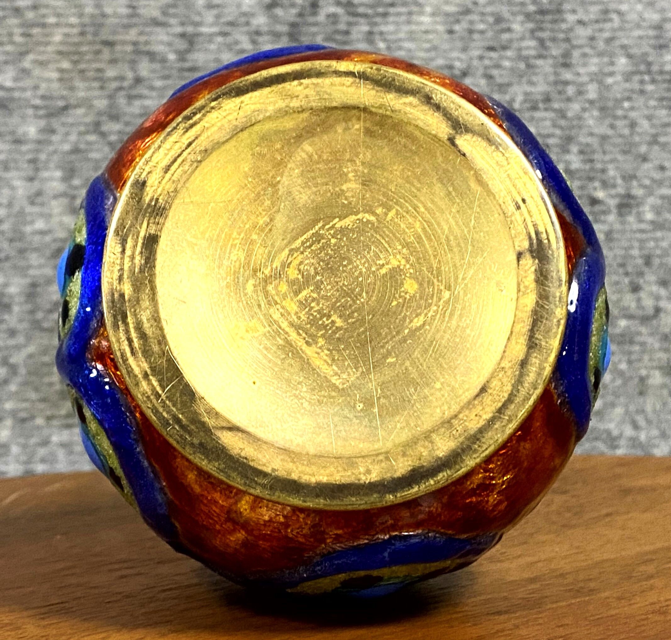 Camille Fauré: Oblong vase circled with brass at the neck and resting on a circular base