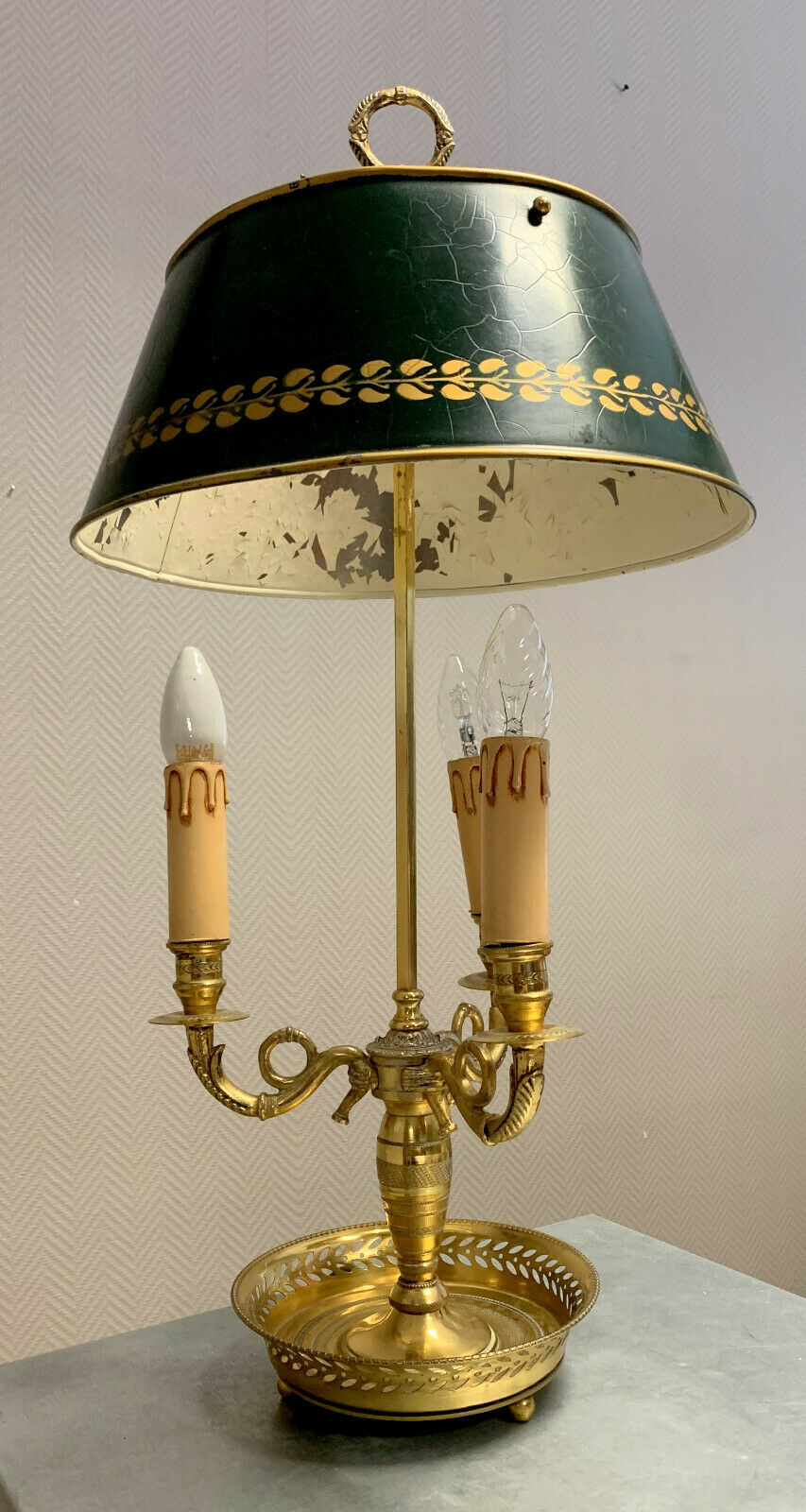Empire hot water lamp in gilded bronze and painted sheet metal