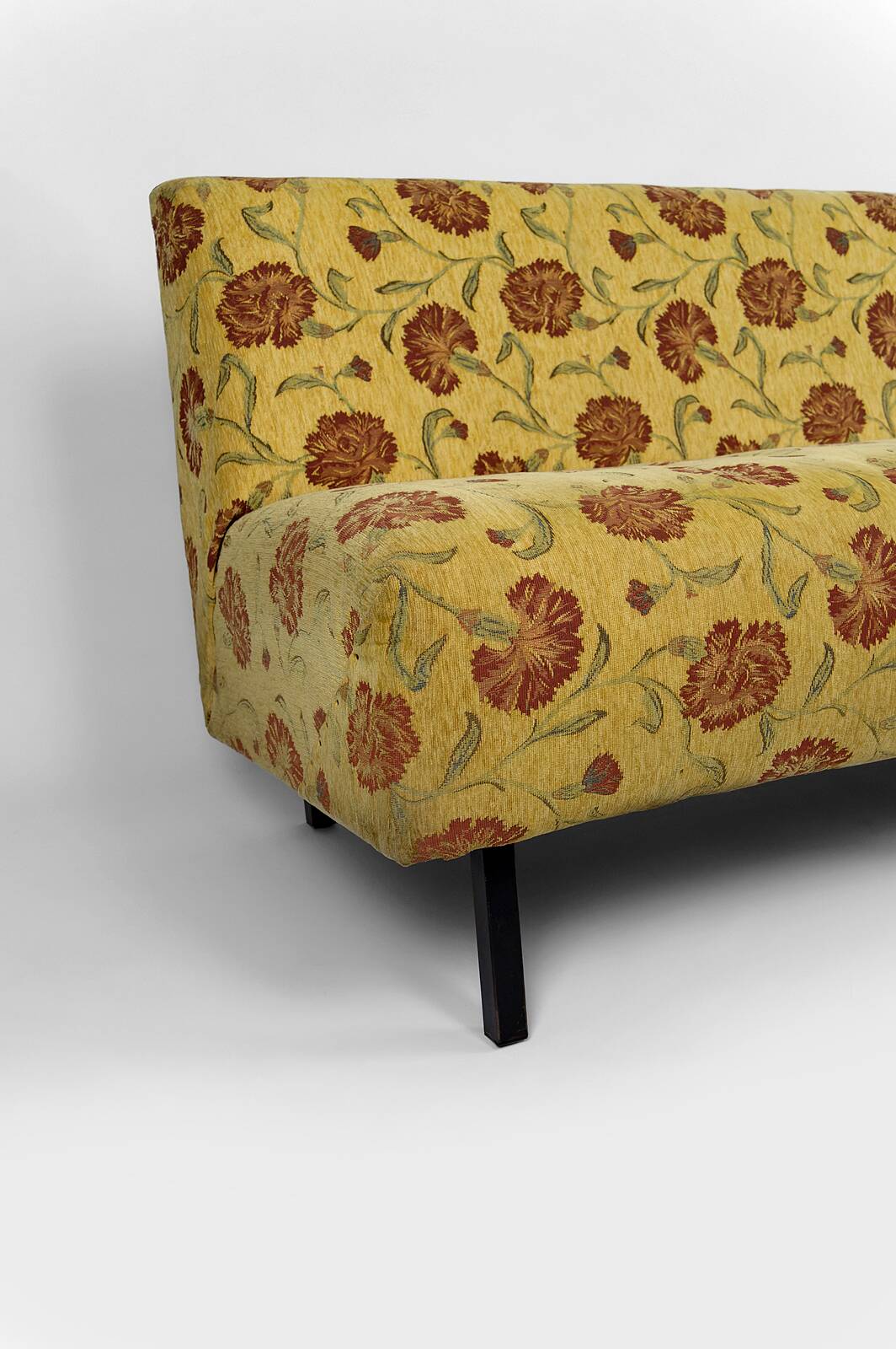 Bench with yellow and red floral fabric, France, circa 1960