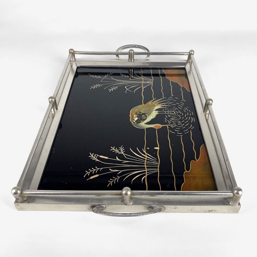 Art Deco tea tray glass and silver metal 30s