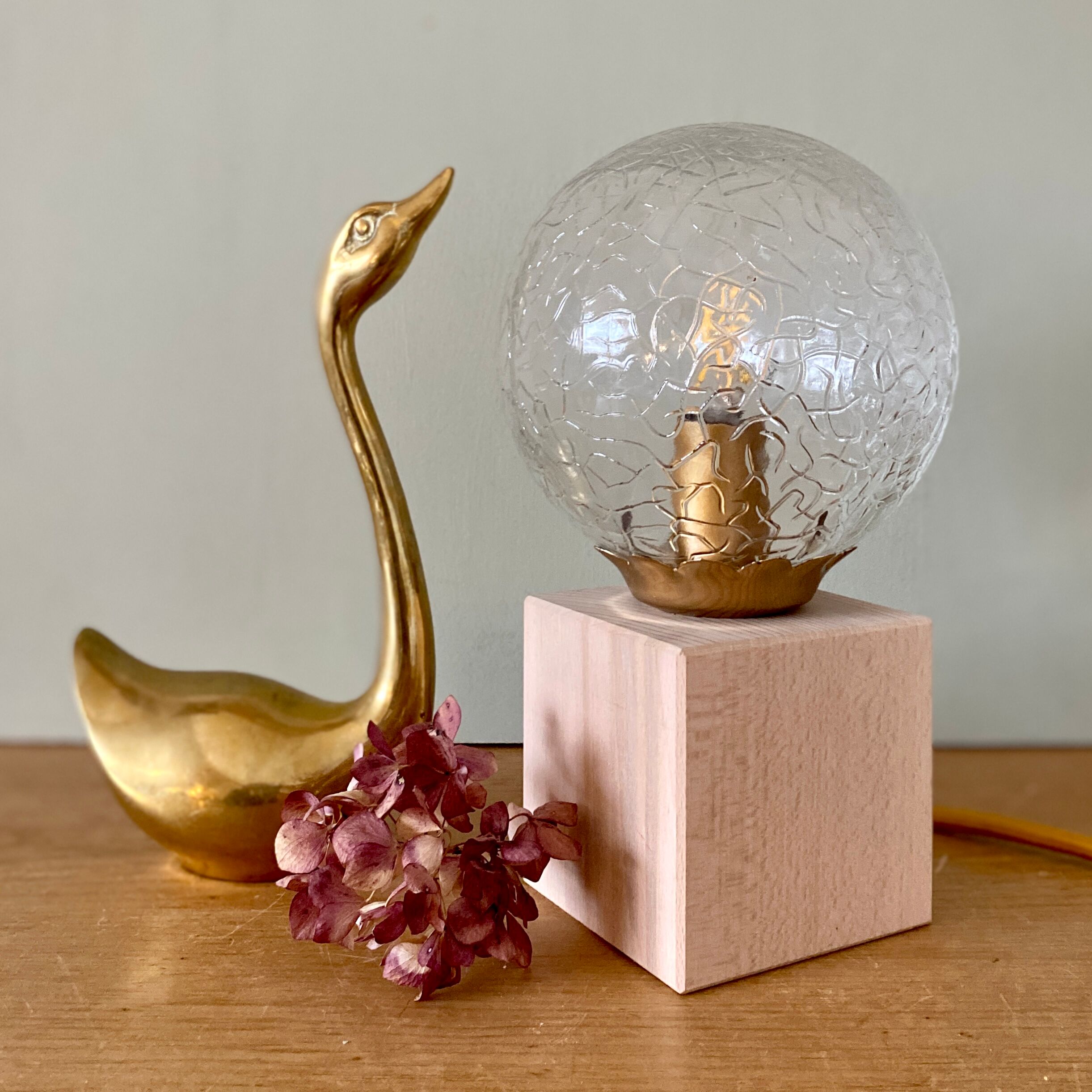 Vintage glass globe table lamp and wooden foot