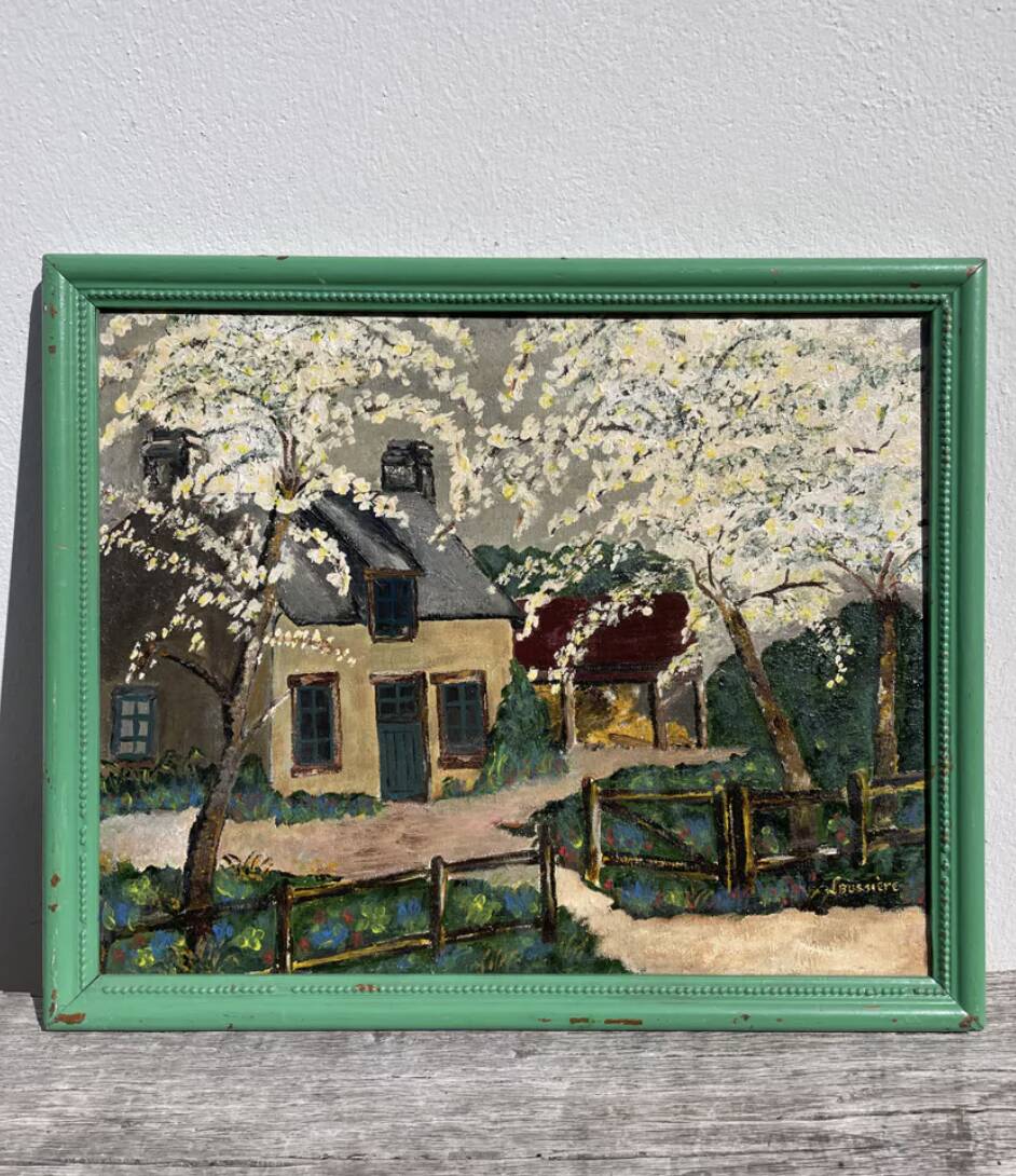 Painting of a farm in a landscape, oil on canvas with frame