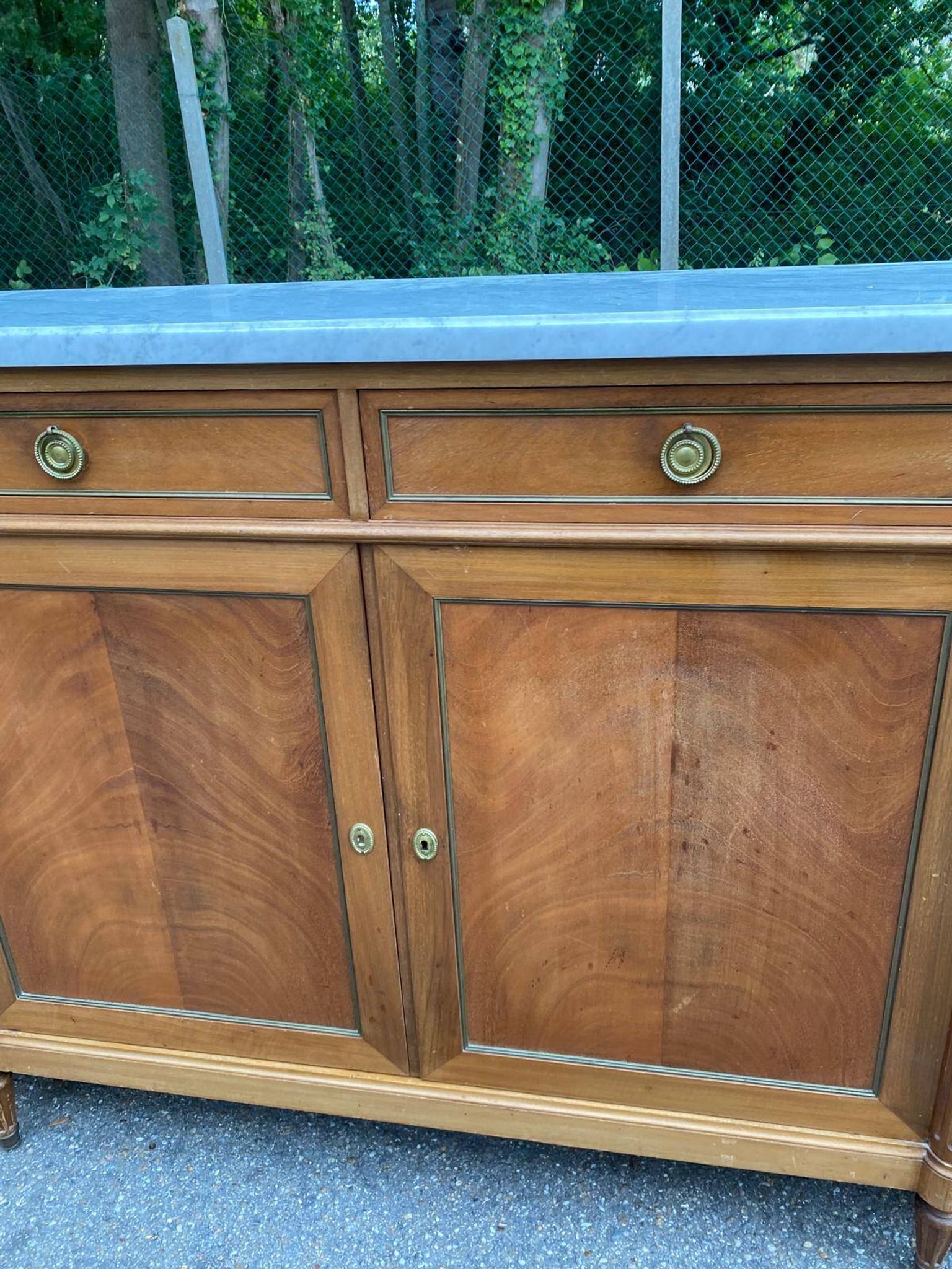 Louis XVI sideboard in solid mahogany with a white marble top, 222cm, 1950.