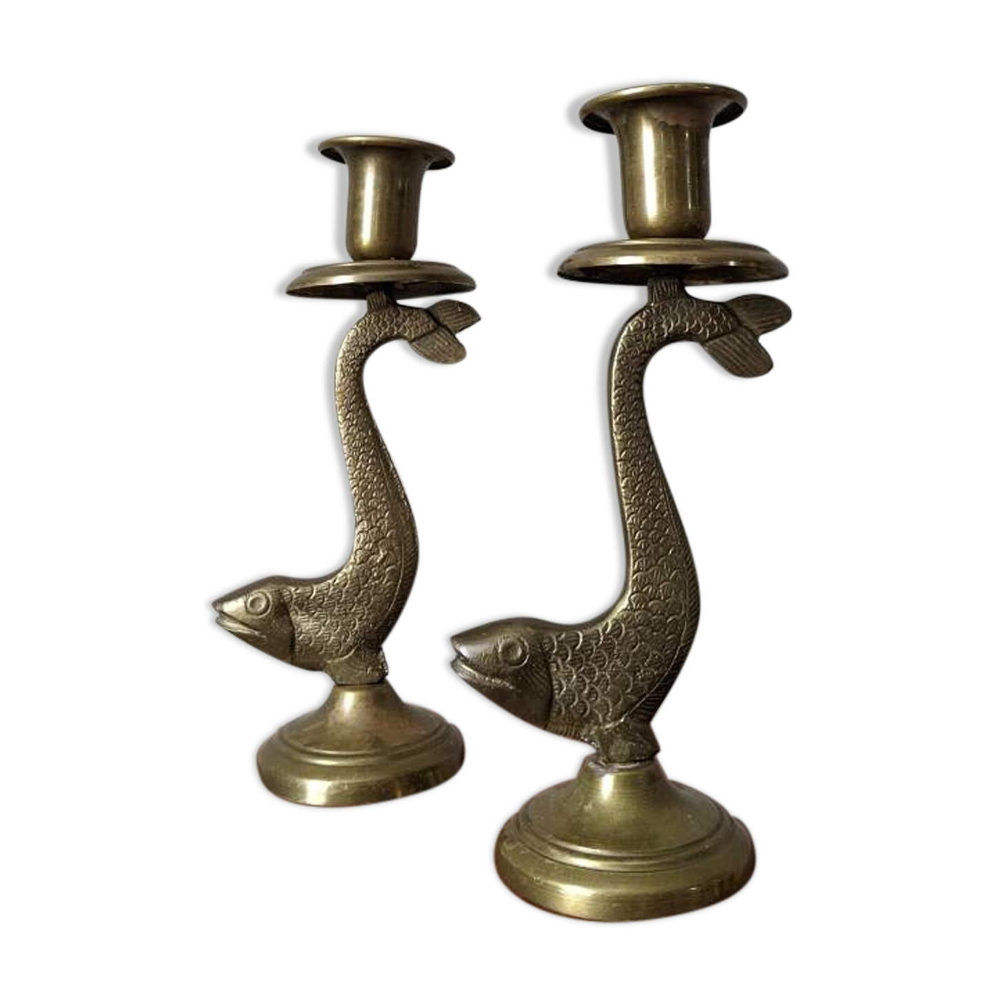 Pair of brass fish candlesticks, country decor