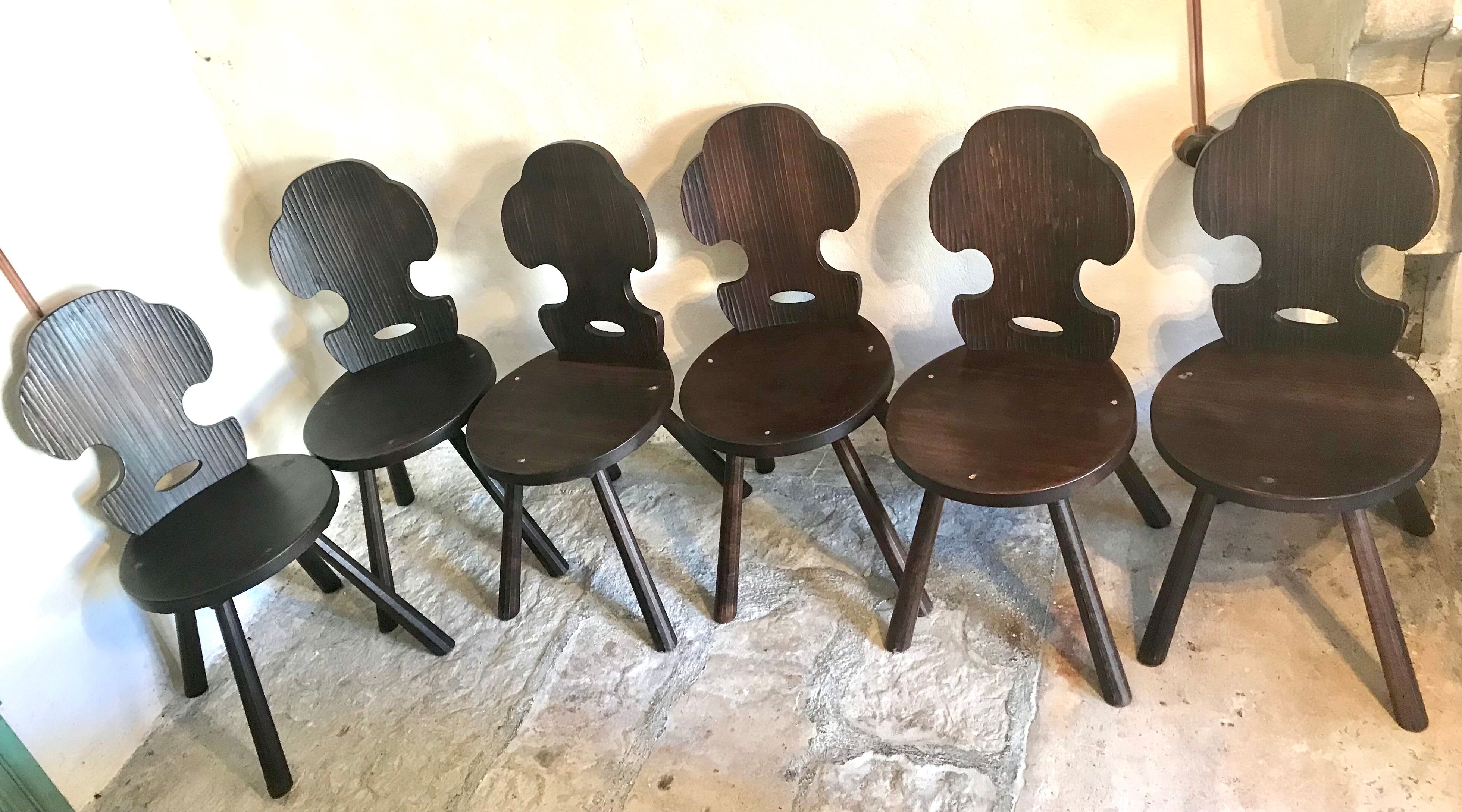 Set of 6 vintage brutalist solid wood chairs