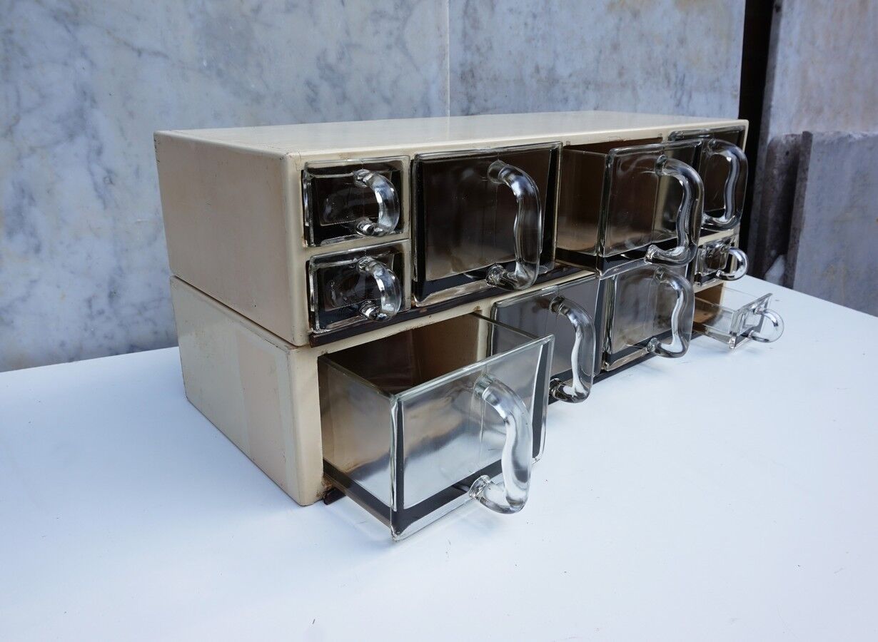 Vintage wood and glass kitchen container cabinets, set of 2