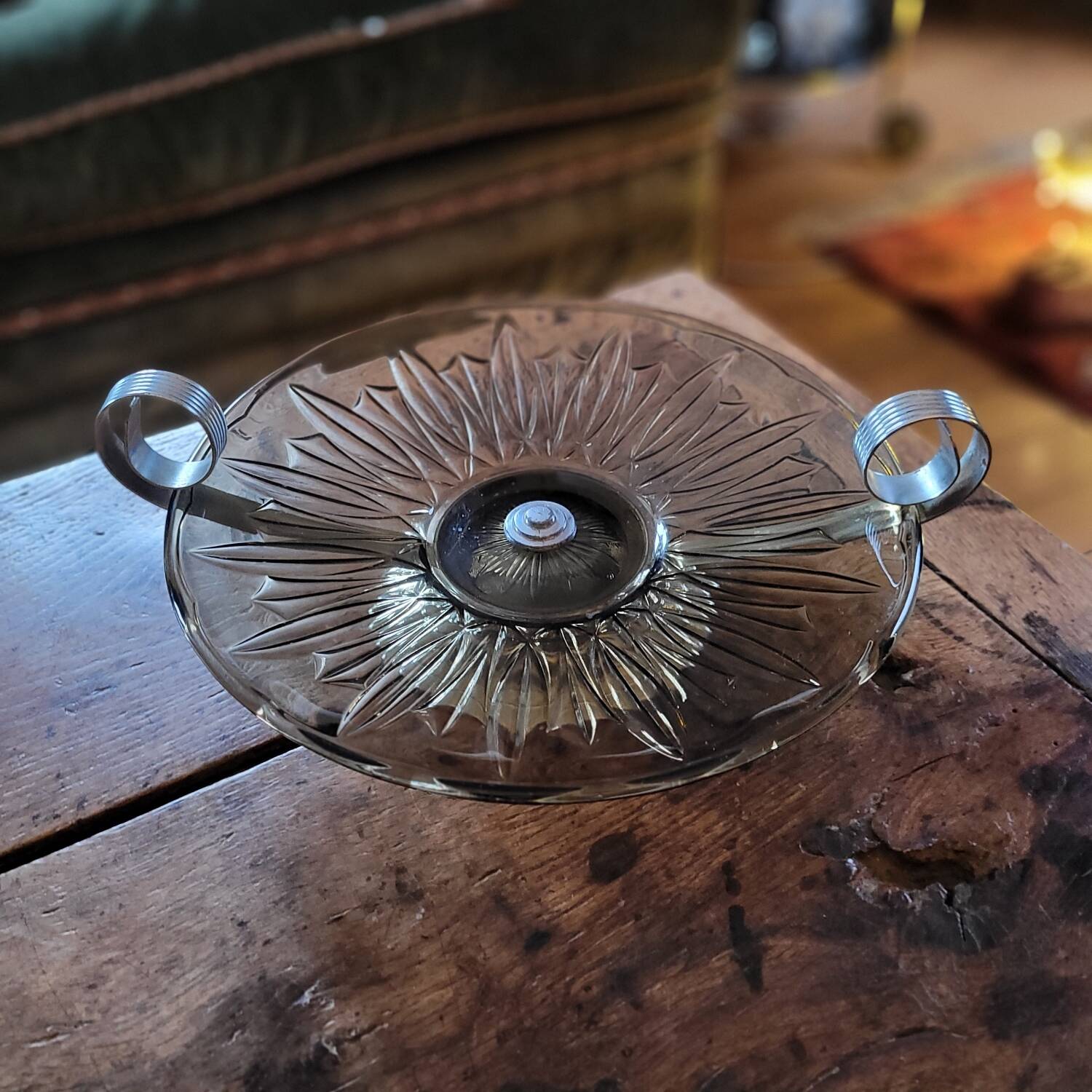 Art Deco stemmed bowl - Smoked glass and silver-plated metal - 1940s
