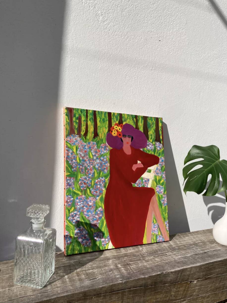 Portrait de femme huile sur toile fleurs
