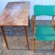 Table-desk set and his green leatherette Chair of the 1960s, feet vintage compass