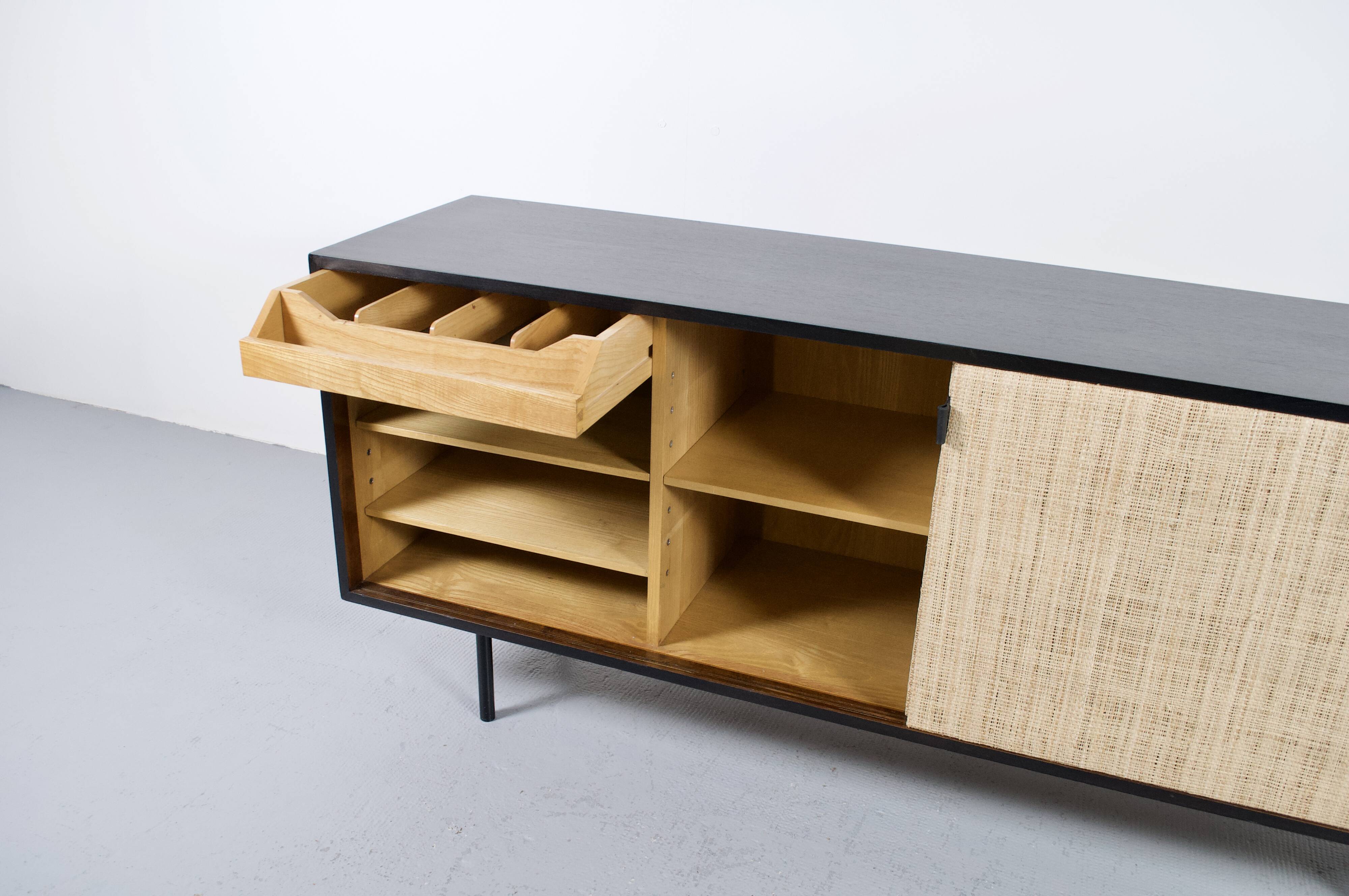 Enfilade florence knoll model 116 wood leather and raffia 1960