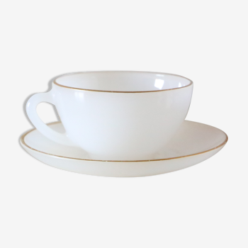 Ensemble de 4 tasses et sous tasses Arcopal gamme Arlequin, blanc et doré, made in France