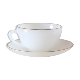 Ensemble de 4 tasses et sous tasses Arcopal gamme Arlequin, blanc et doré, made in France