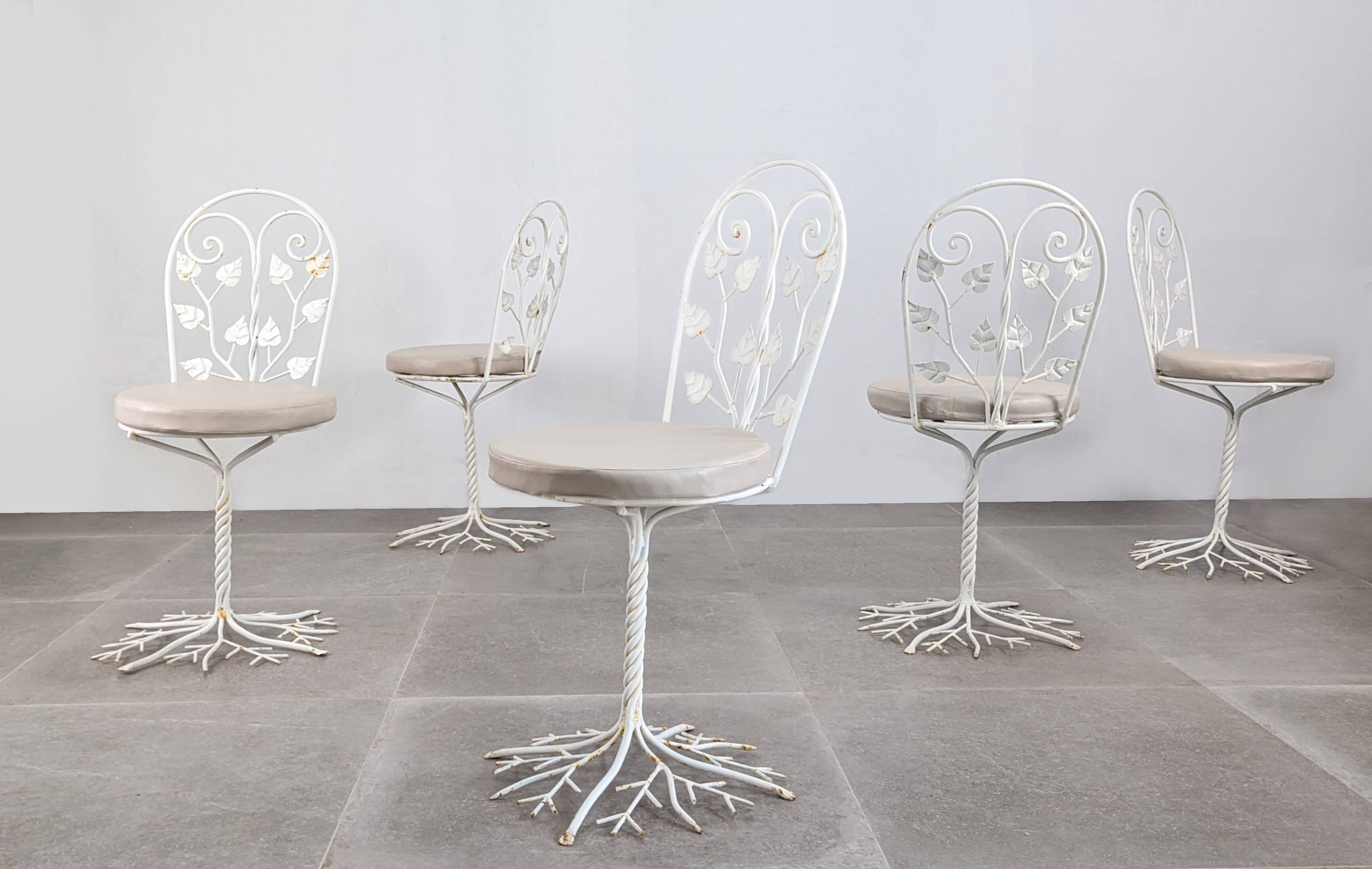 Sculptural Wrought Iron Garden Chairs with Tree Design 1950s Set of 5