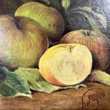 Huile sur toile d'une nature morte aux pommes 1910, tableau ancien encadré