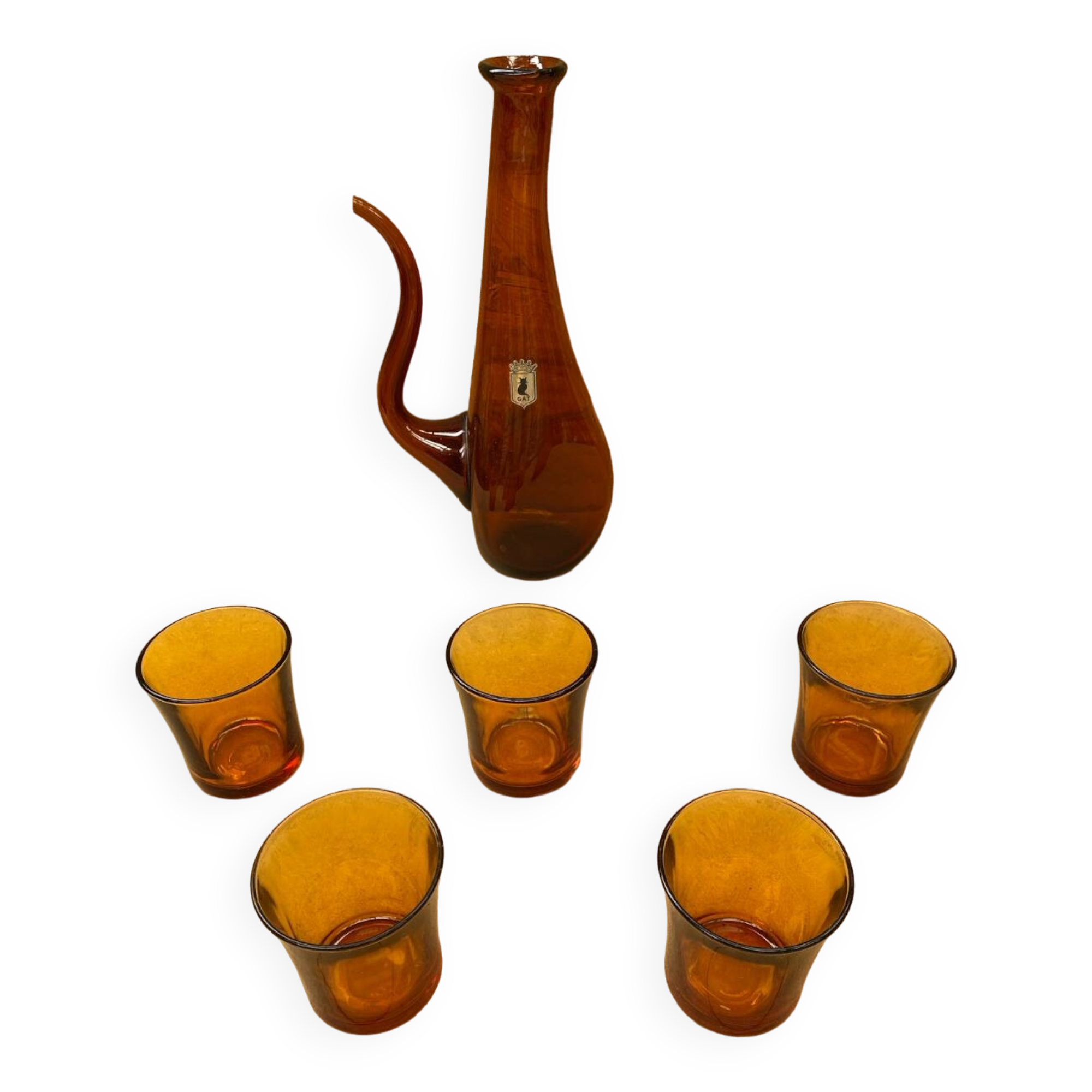 Old gat carafe service + 5 glasses molded orange glass 1970 vintage