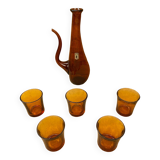 Old gat carafe service + 5 glasses molded orange glass 1970 vintage