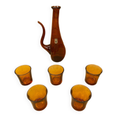 Ancien service gat carafe + 5 verres verre moulé orange 1970 vintage