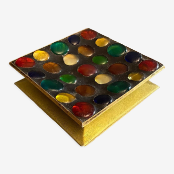 Square section cut glass and metal decorated with multicolored glass cabochons