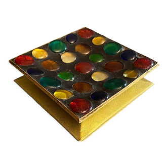 Square section cut glass and metal decorated with multicolored glass cabochons