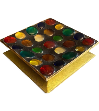 Coupe de section carrée verre et métal à décor de cabochons en verre multicolore