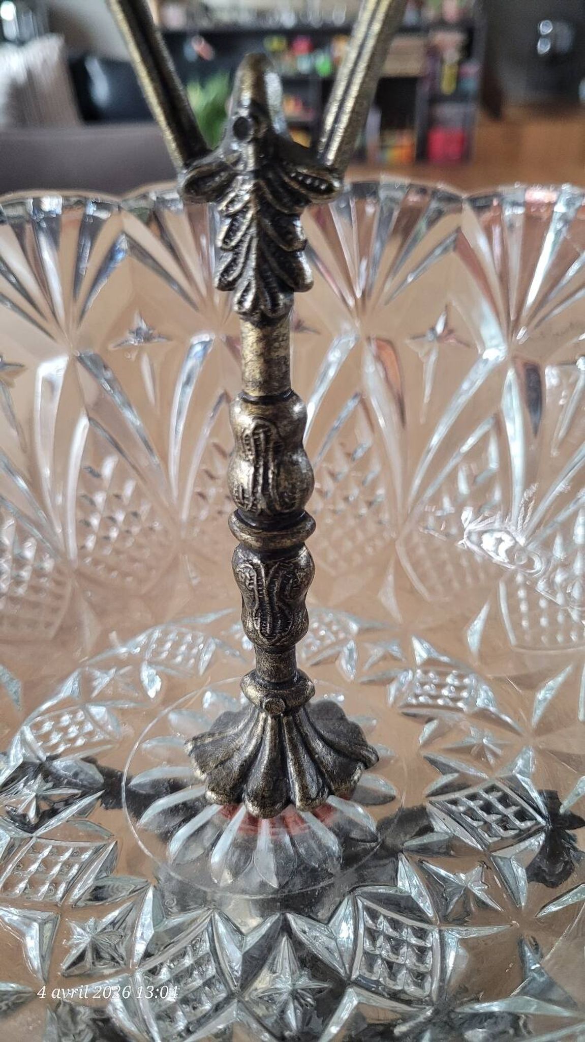 Cut glass bowl on a metal stand / compote dish