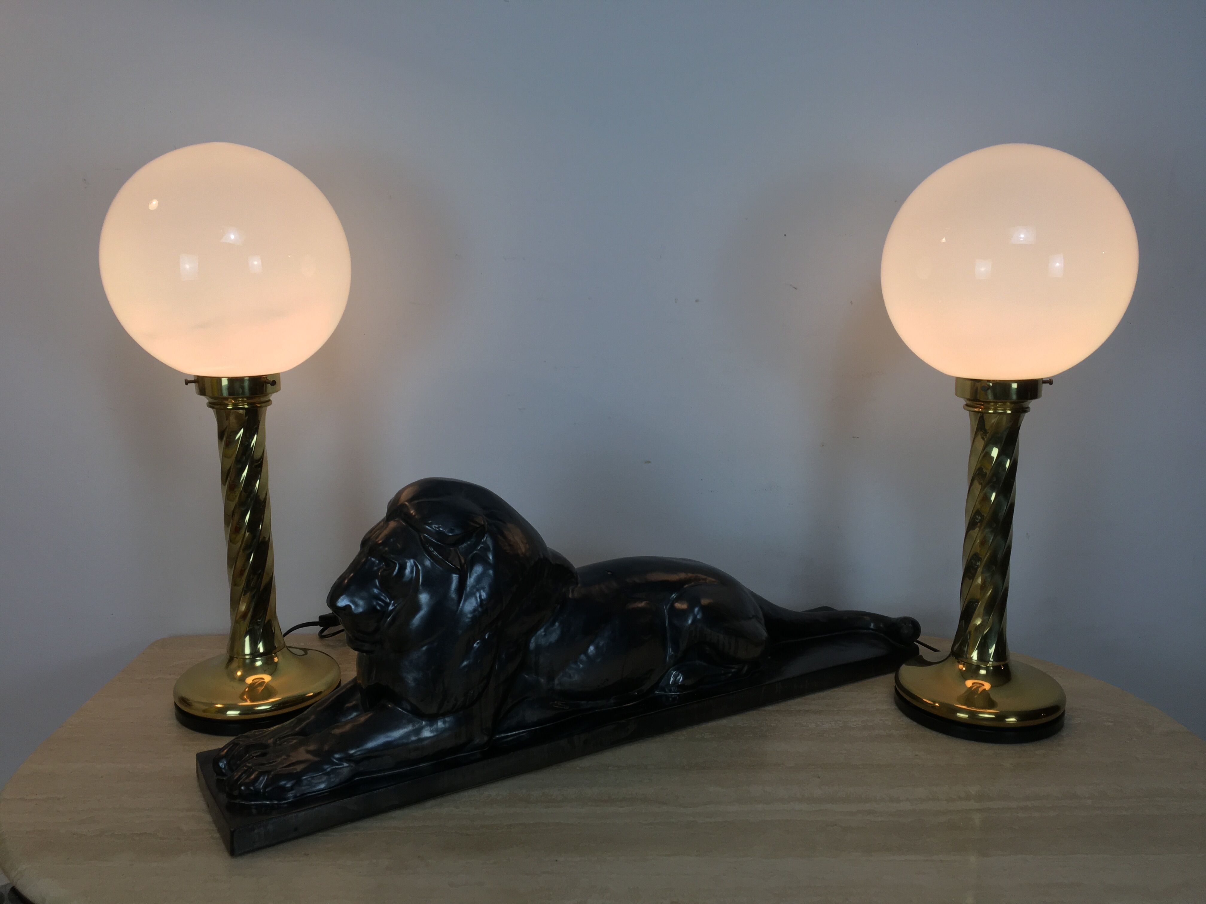 Pair of gilded column lamps Hollywood Regency style