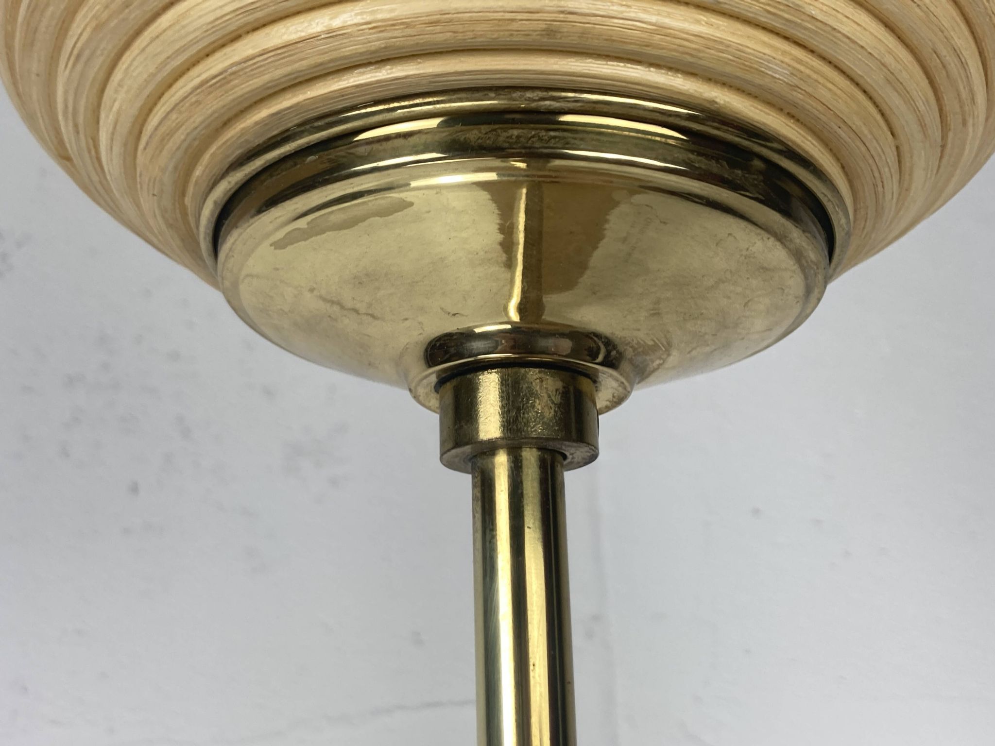Telescopic brass and pencil reed rattan bamboo hanging pendant lamp, Italy 1970s