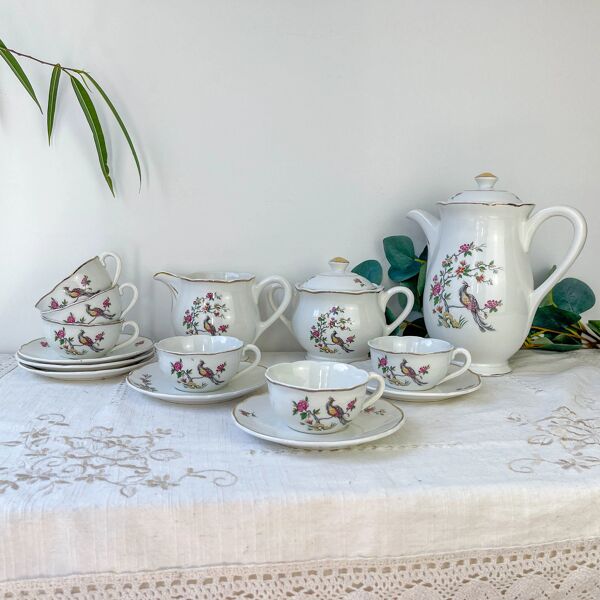 Service à thé vintage Digoin Sarreguemines – Modèle Corde – Motif Oiseau de Paradis