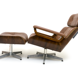 Fauteuil lounge et ottoman en cuir et bois plié des années 60/70