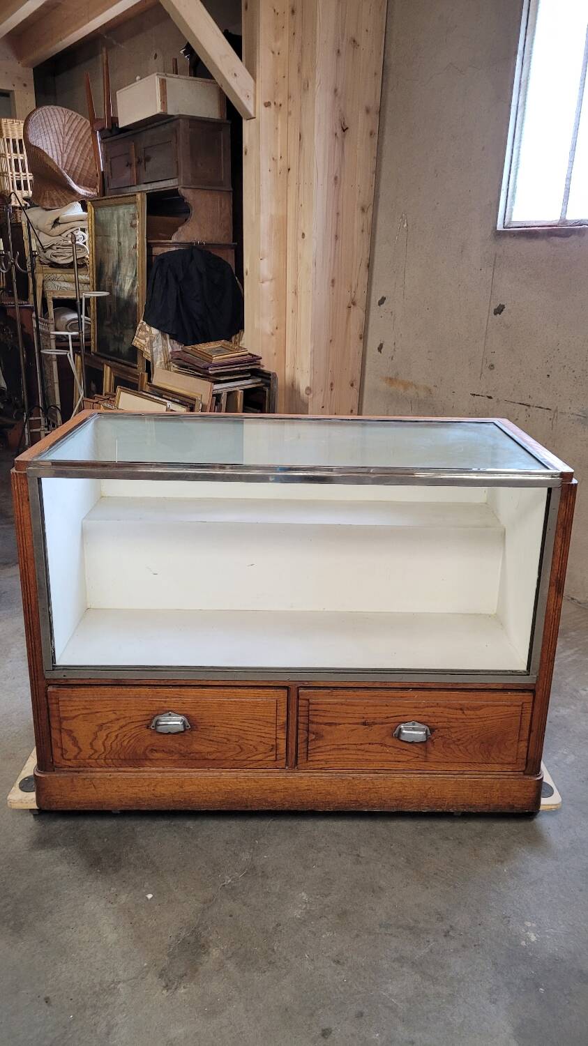 Shop counter display cabinet with old drawers, 1900s
