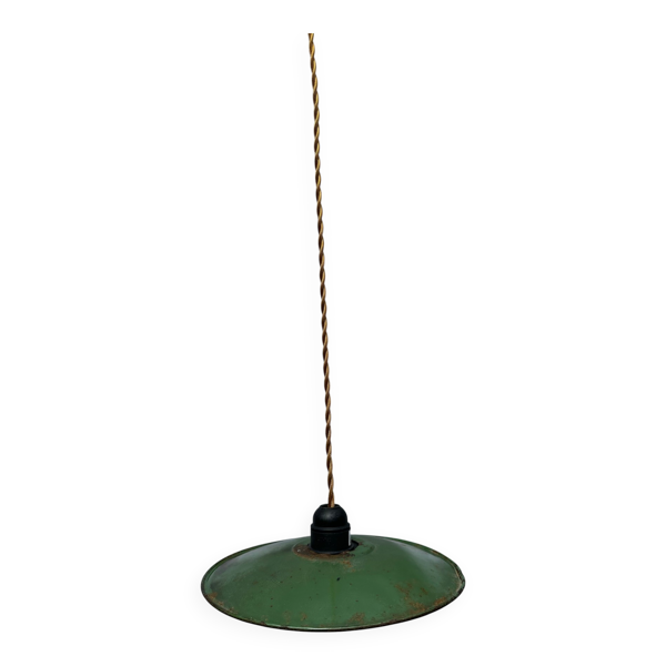 Suspension tôle émaillée verte et blanche ancienne