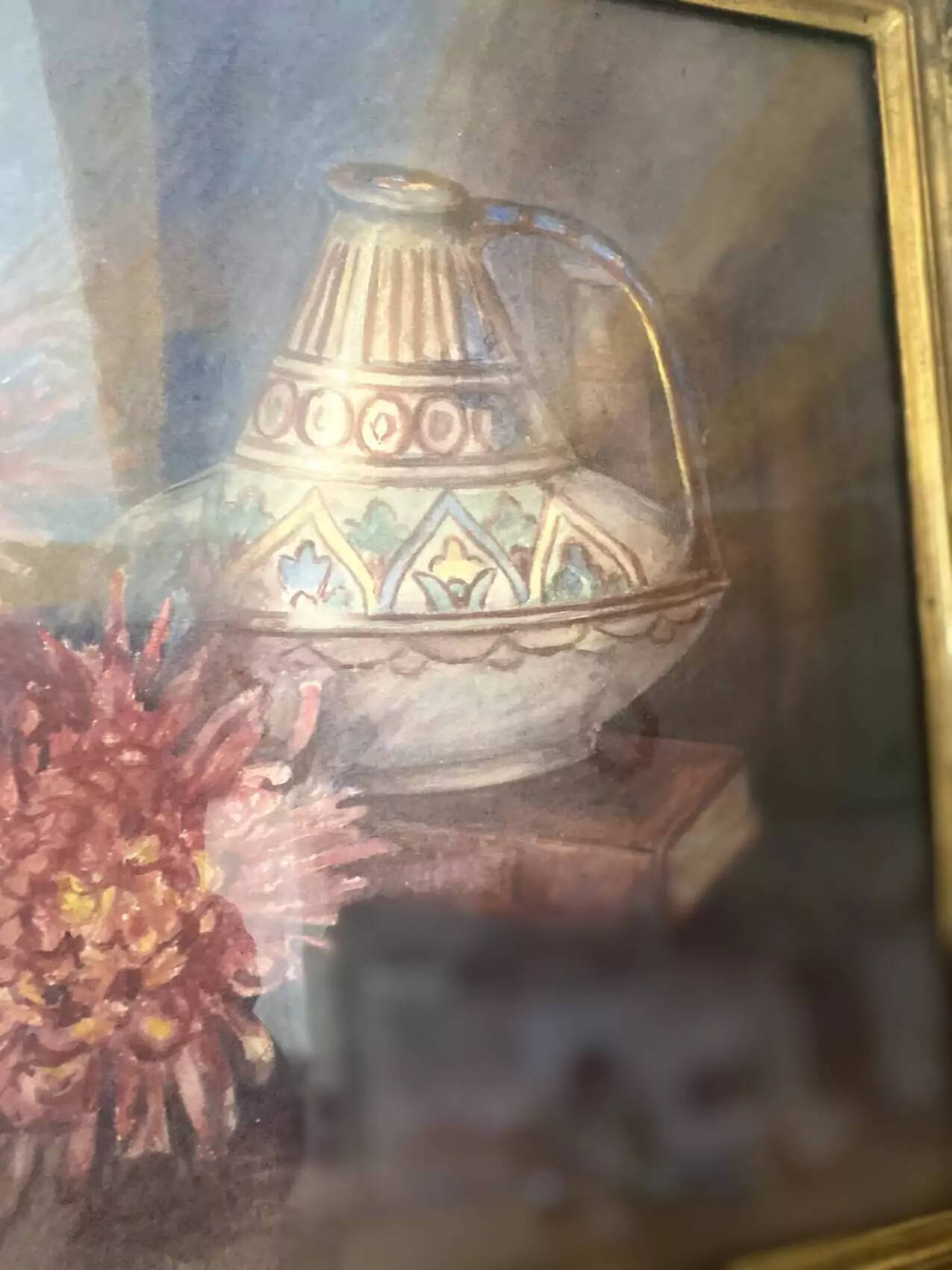 Tableau, aquarelle nature morte aux fleurs signée, sous verre, 1900