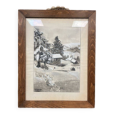 Ancien tableau / dessin sur papier signé et daté 1960. Montagne, chalet, hiver