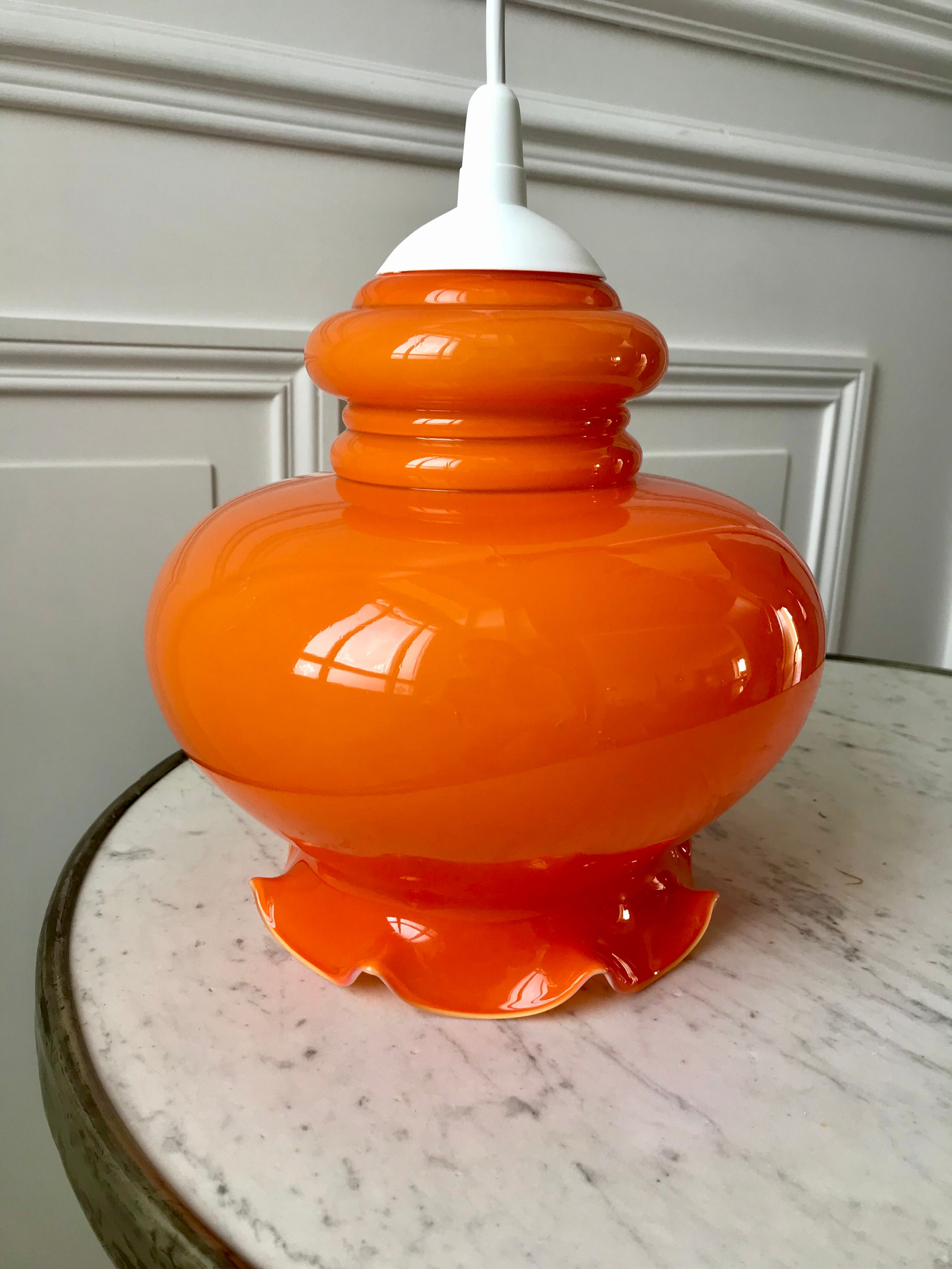 Orange opaline suspension lamp 70s