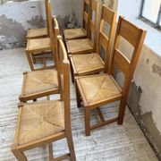 Set of 8 blond oak chairs with straw seats