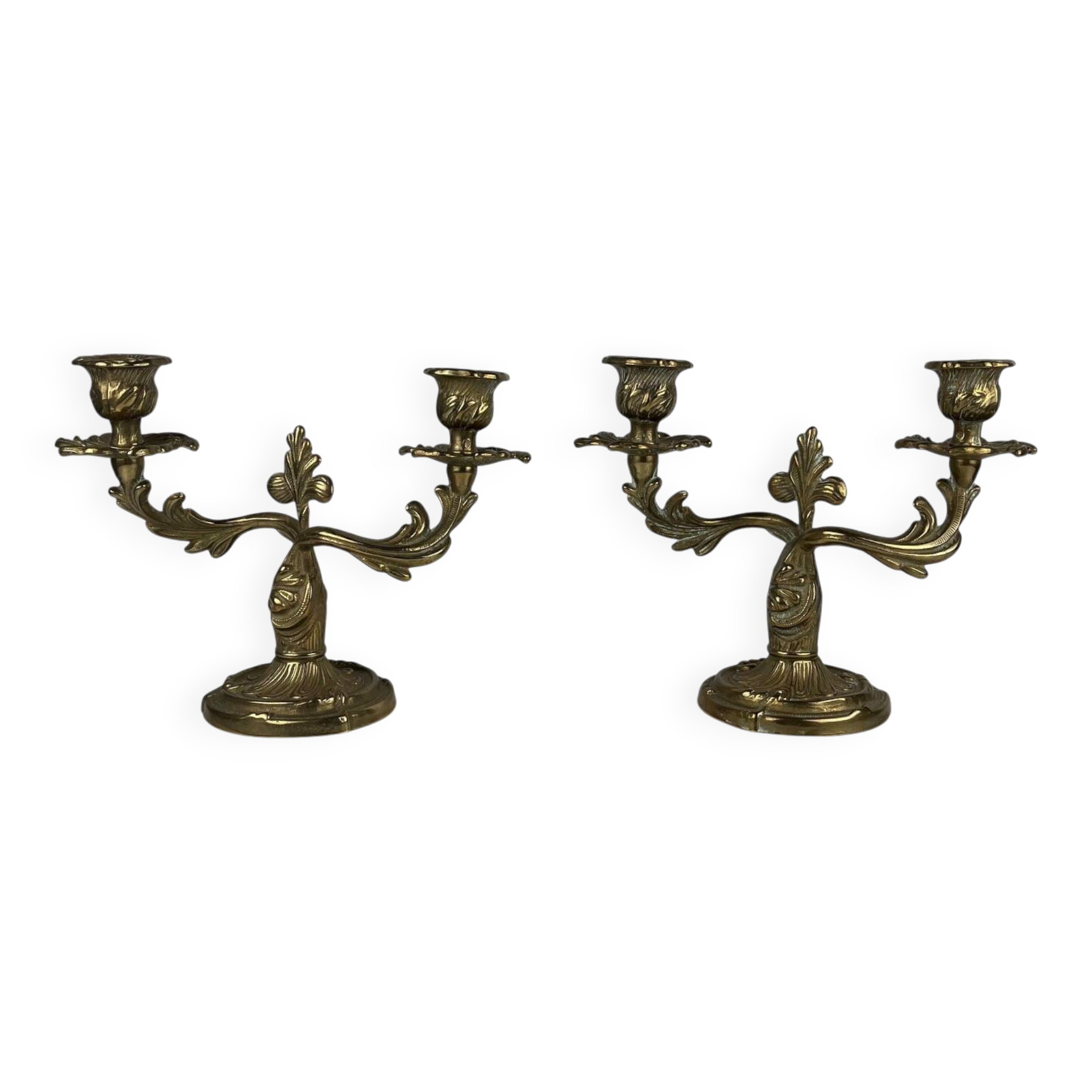 Pair of gilt brass candlesticks with two arms – Louis XV Rococo style