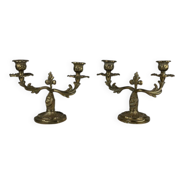 Pair of gilt brass candlesticks with two arms – Louis XV Rococo style